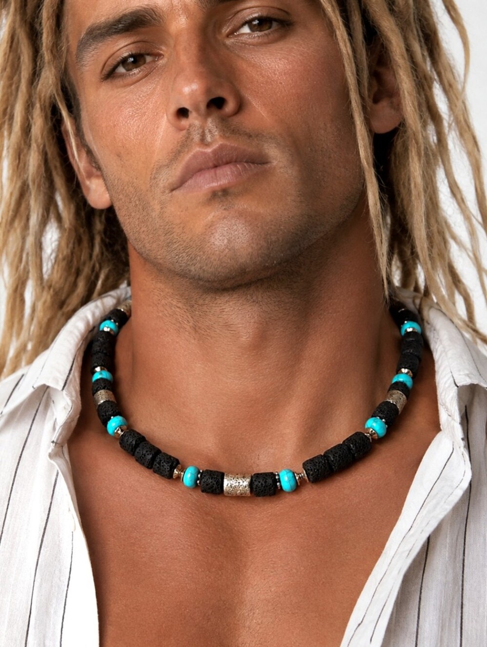Designer Men's Jewelry Necklace Surf Choker Natural Chrome Lava Blue Stones